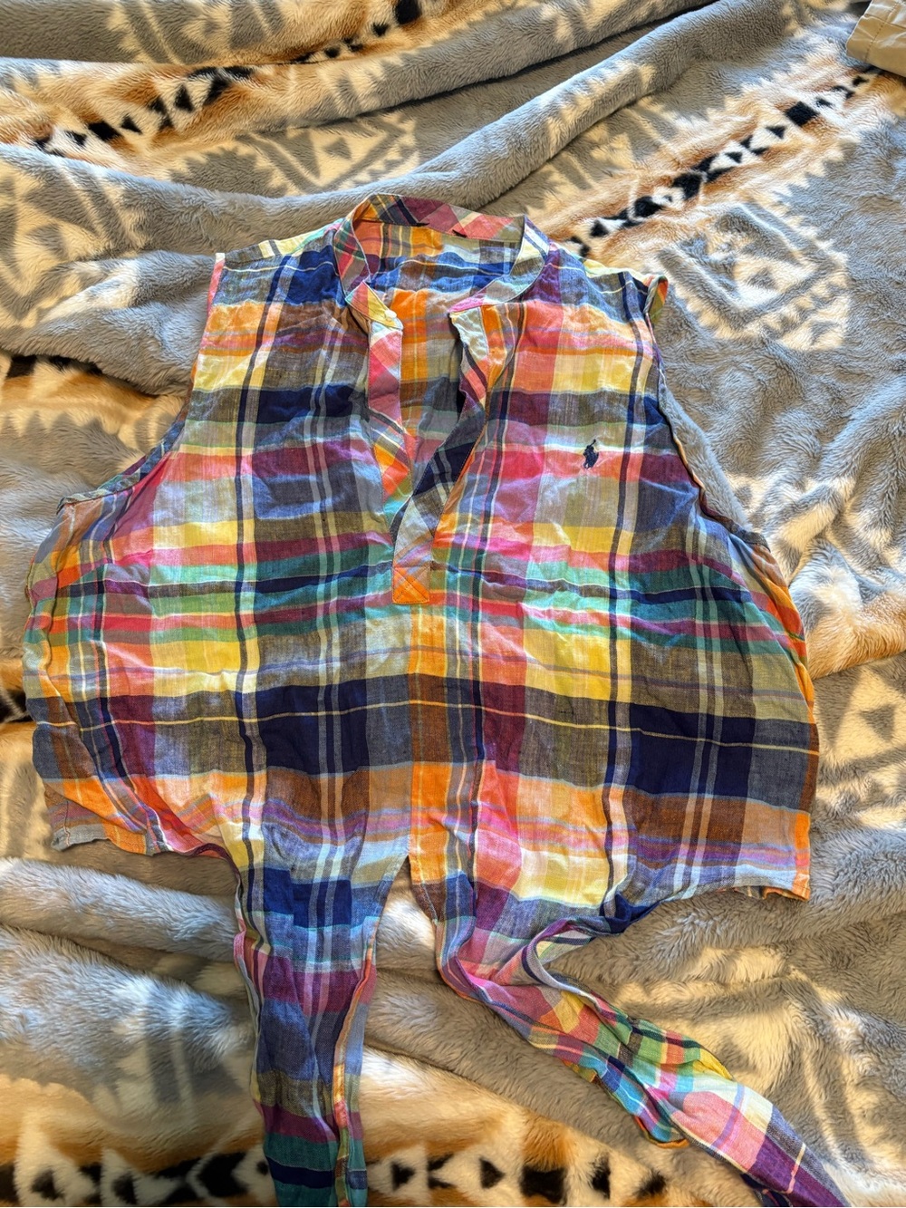 Ralph Lauren Multicolor Plaid Tie-Front Sleeveless Shirt